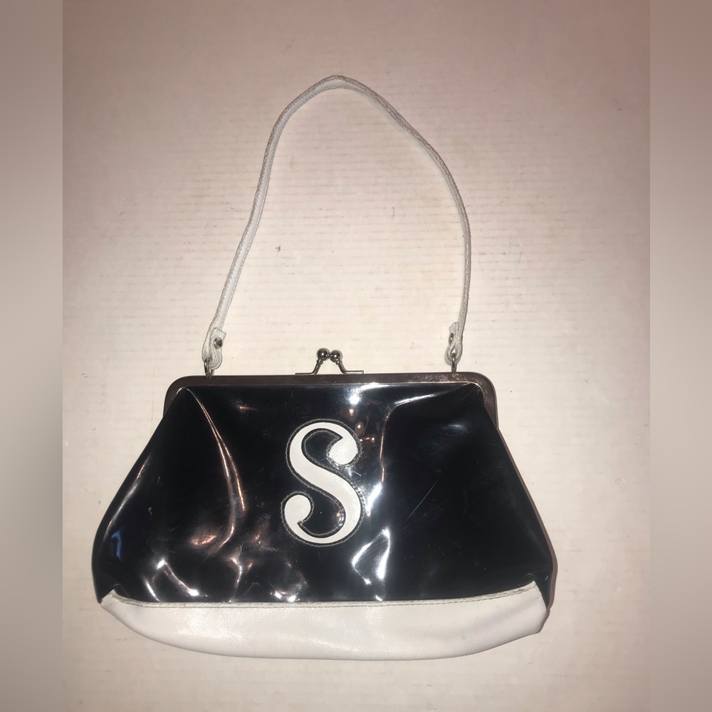 Vtg 90s Y2K Black White Patent Leather Letter S Initial Frame Purse